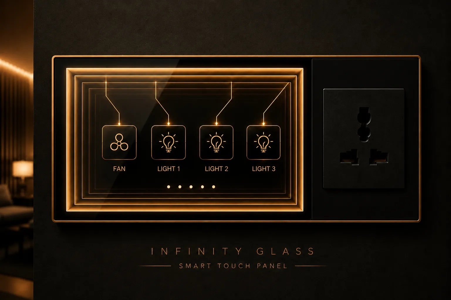 Starvis Infinity Glass Smart Touch Panel with golden glow accents